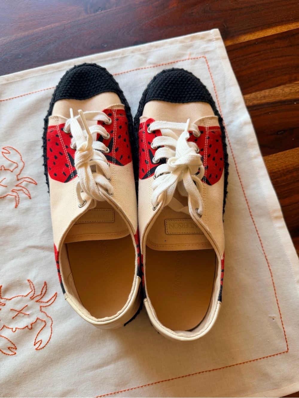 JW ANDERSON Cream and Red Lace-Up Canvas Loafers with Black Toe